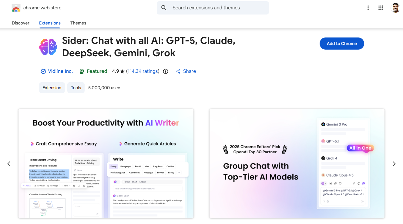 Sider Chrome Extension: Chat with all AI: GPT-5, Claude, DeepSeek, Gemini, Grok