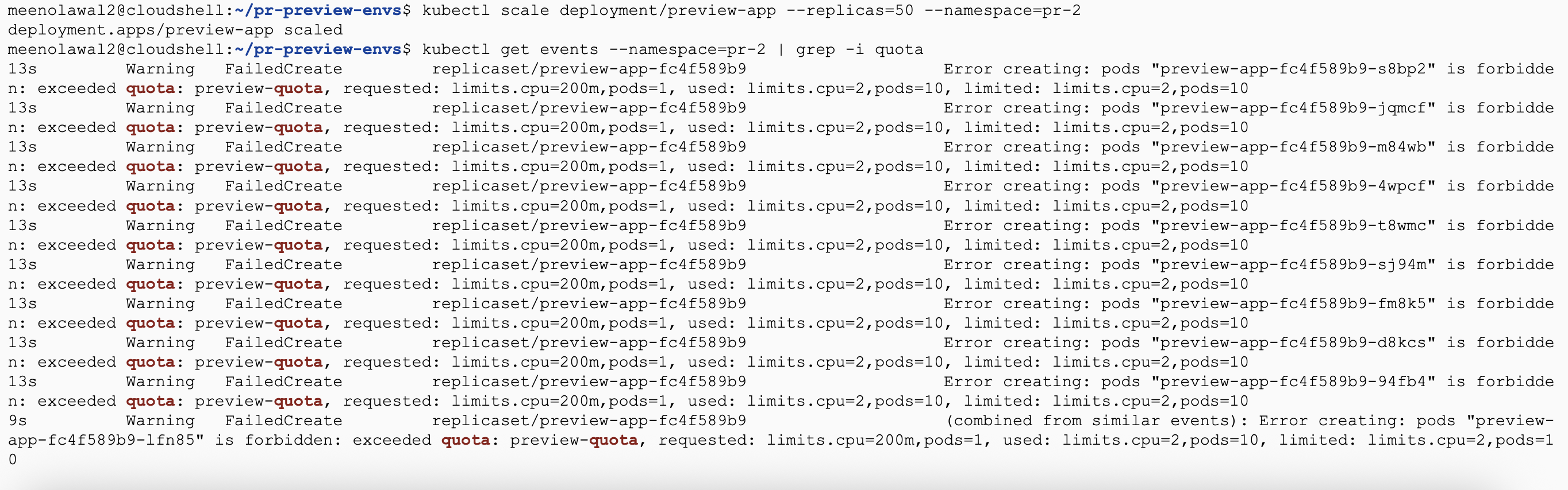 Terminal output showing the deployment scaled only partway to 50 replicas, with Kubernetes events reporting that the request exceeded the namespace quota