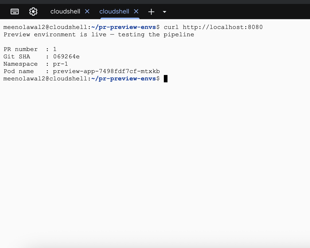 Terminal output from curl showing the preview environment reporting PR number 1, its commit SHA, namespace pr-1, and the pod name