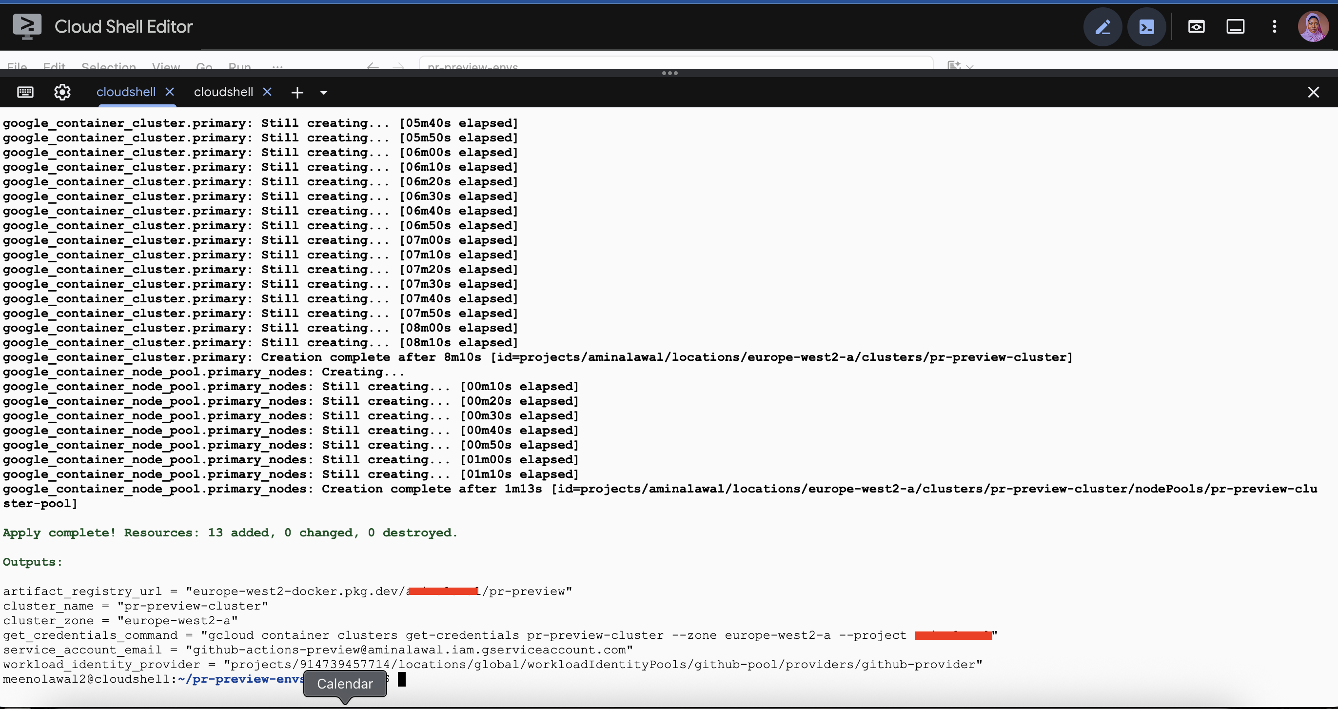 Output of Terraform apply showing credentials needed