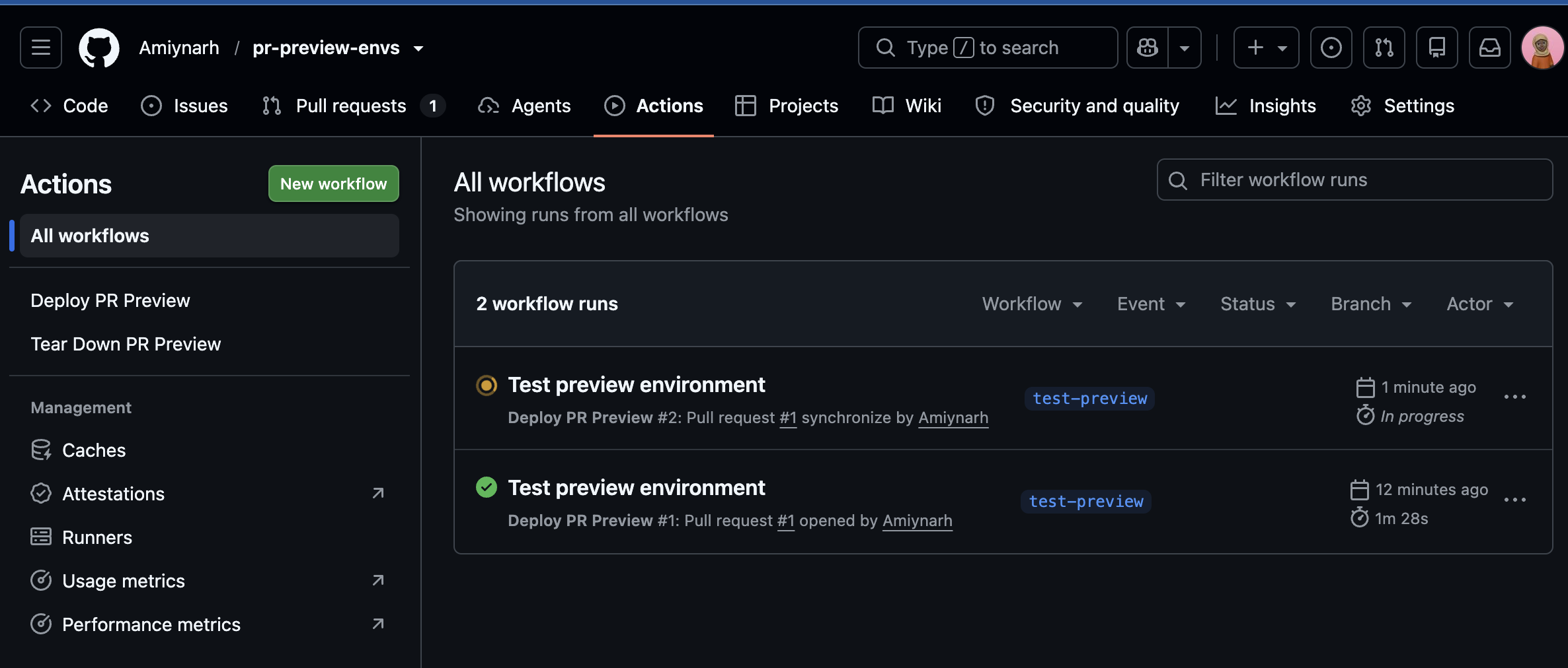 GitHub Actions log showing the Deploy PR Preview workflow running again after a second commit was pushed to the same branch