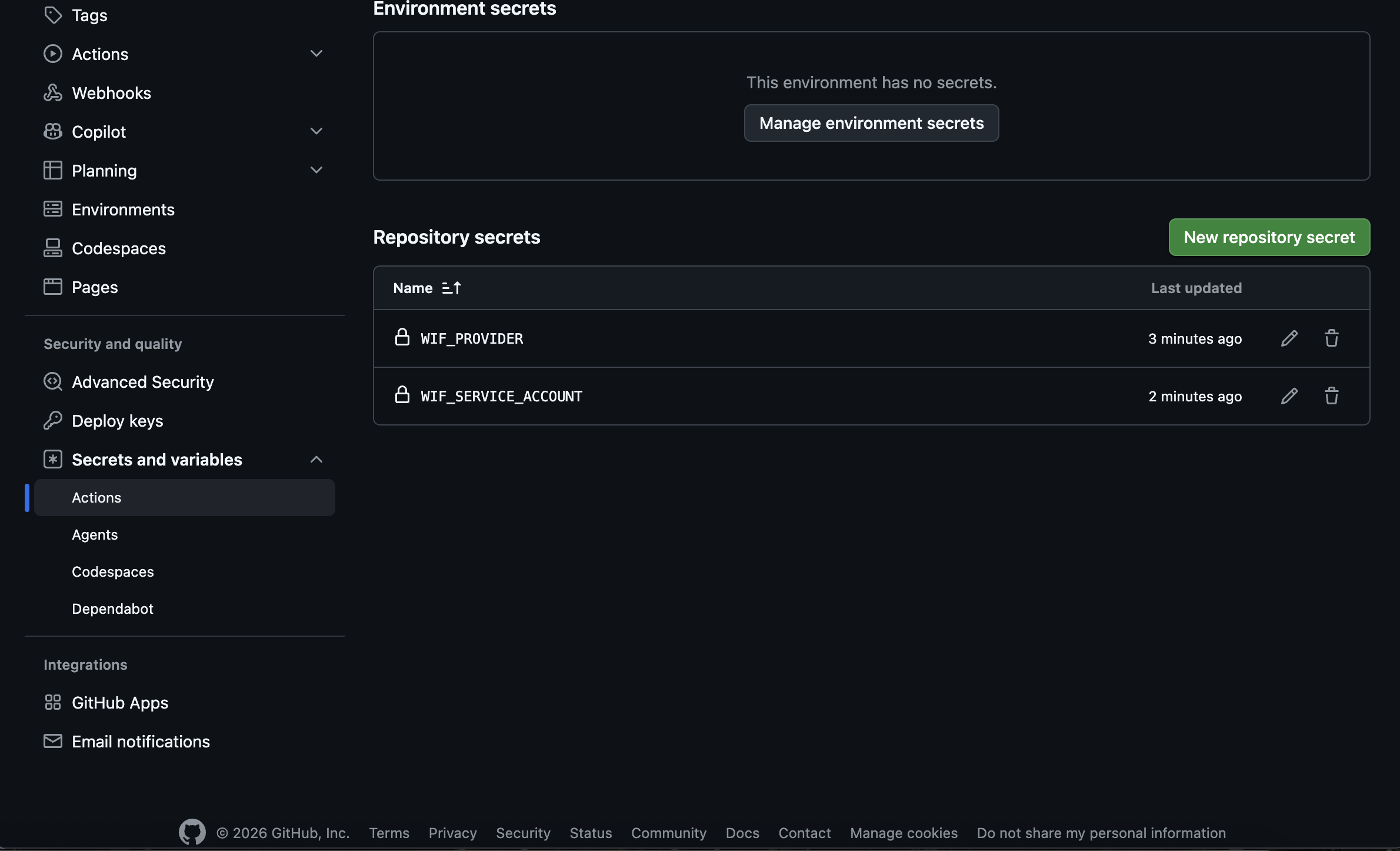 GitHub repository secrets page listing WIF_PROVIDER and WIF_SERVICE_ACCOUNT