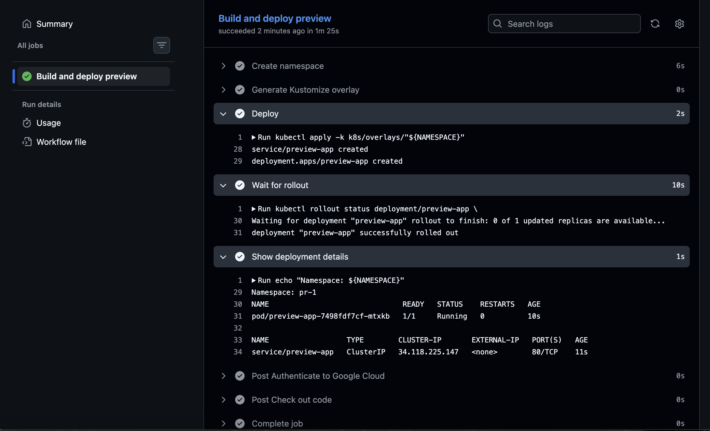 Expanded GitHub Actions log showing the deploy, wait for rollout, and show deployment details steps completing successfully