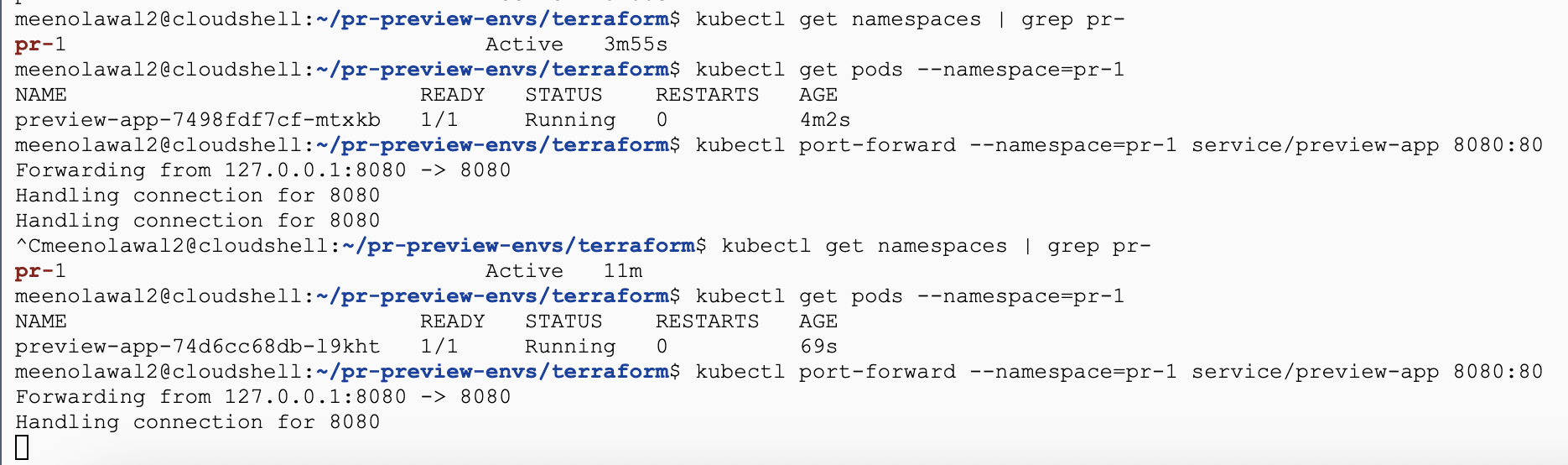 Terminal showing kubectl port-forward running against namespace pr-1 alongside the curl command used to reach it