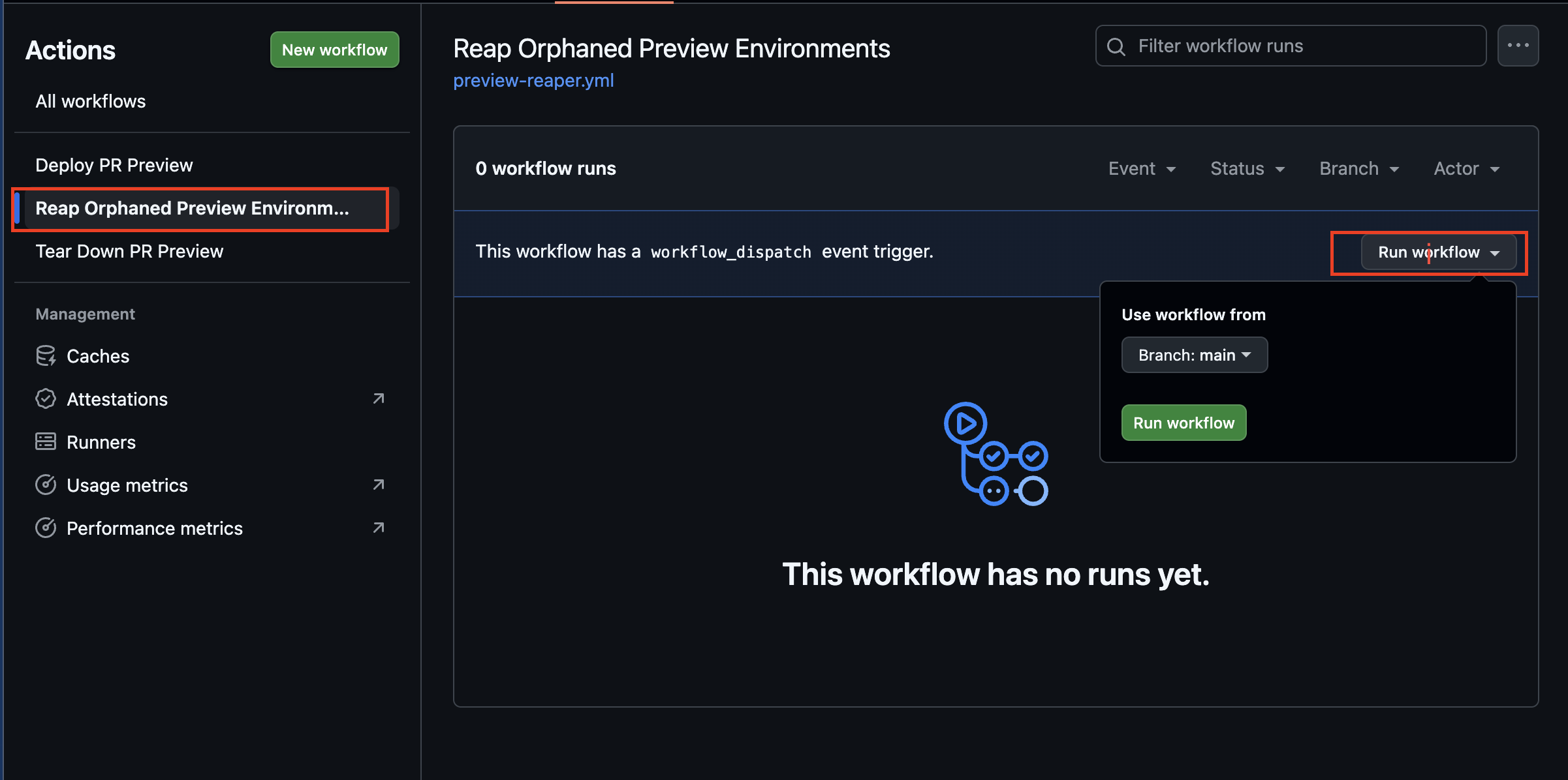 GitHub Actions interface showing the Reap Orphaned Preview Environments workflow with the Run workflow button available through workflow_dispatch