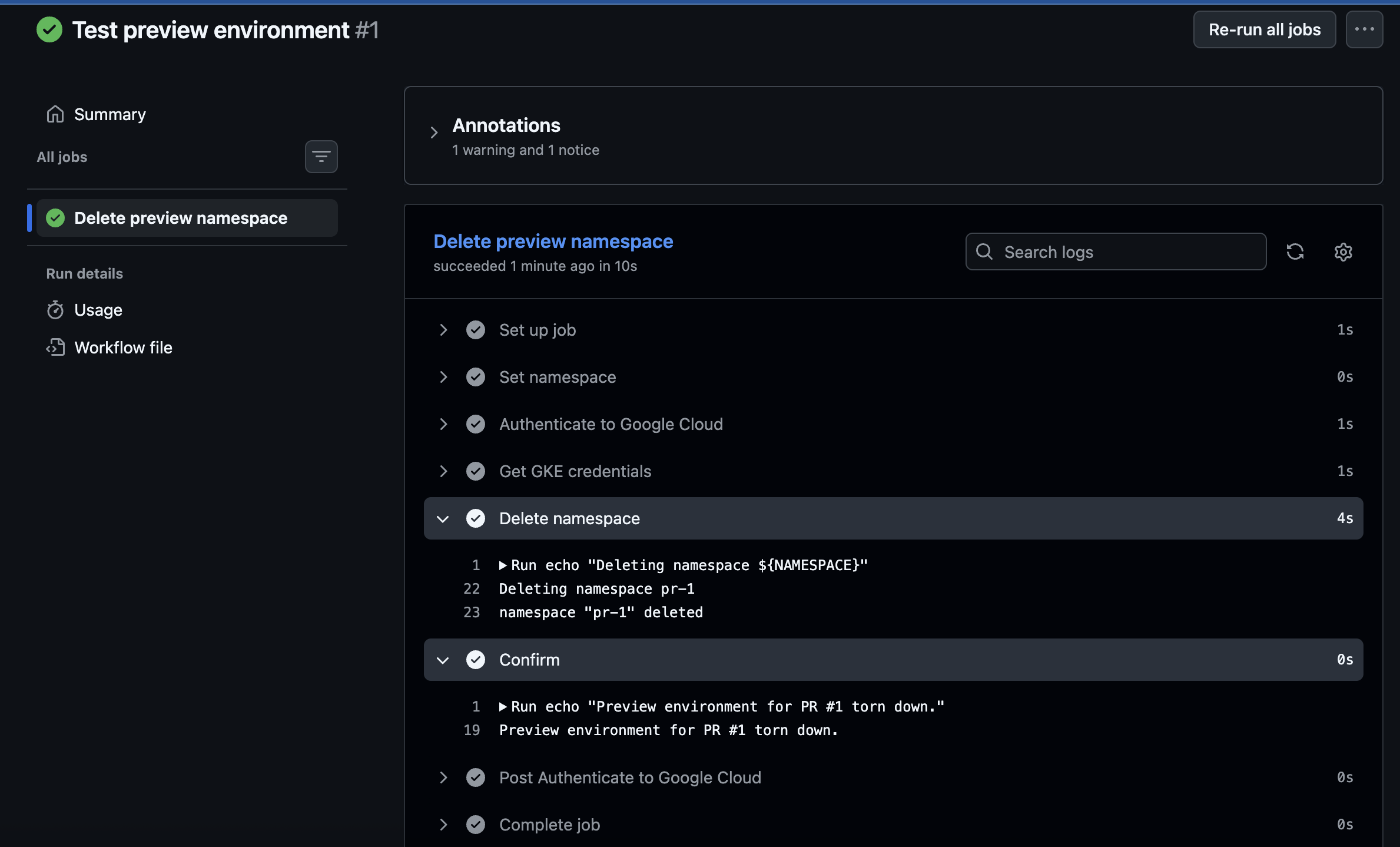 GitHub Actions teardown workflow completing