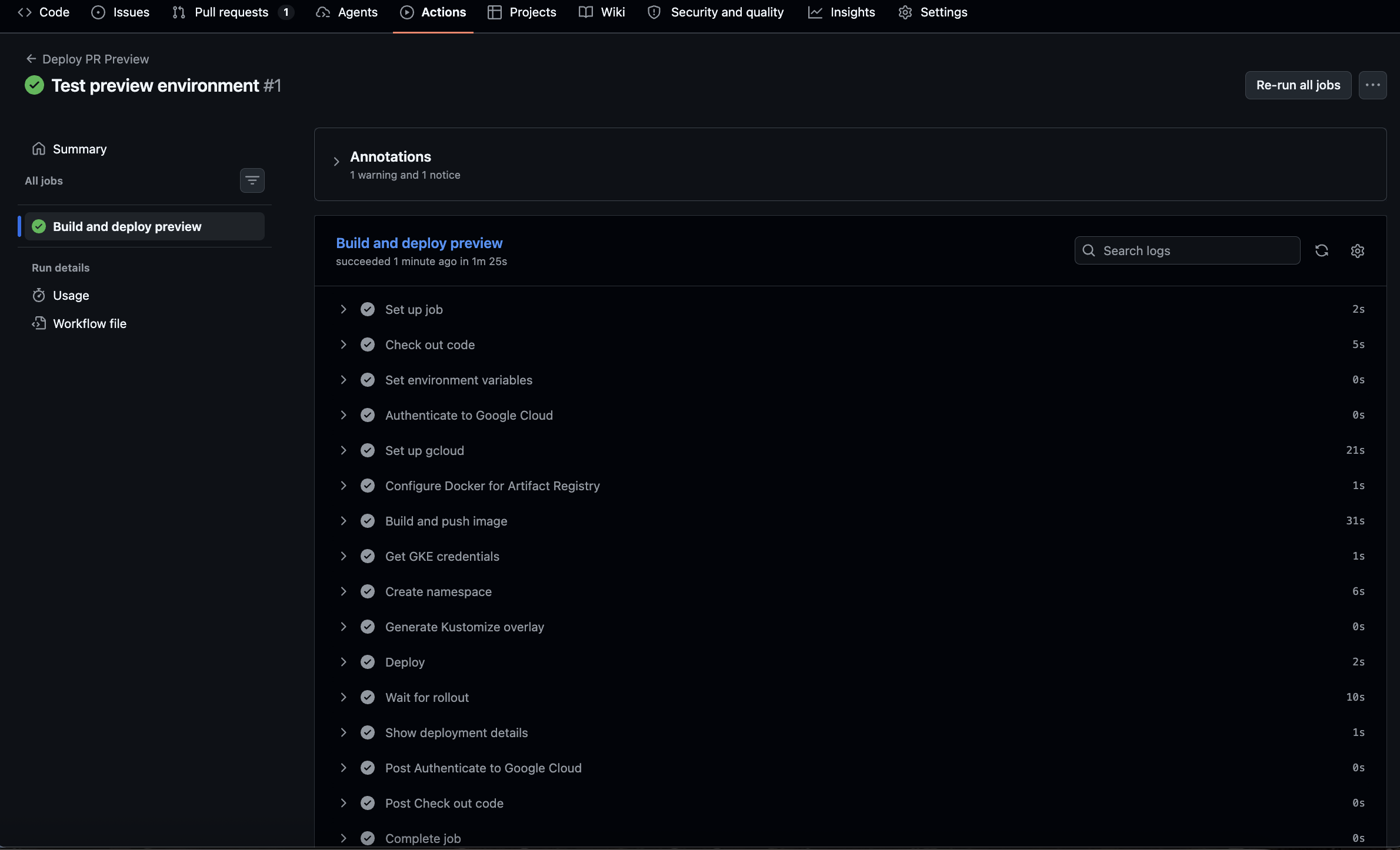 GitHub Actions summary for a pull request showing the Deploy PR Preview workflow completed successfully