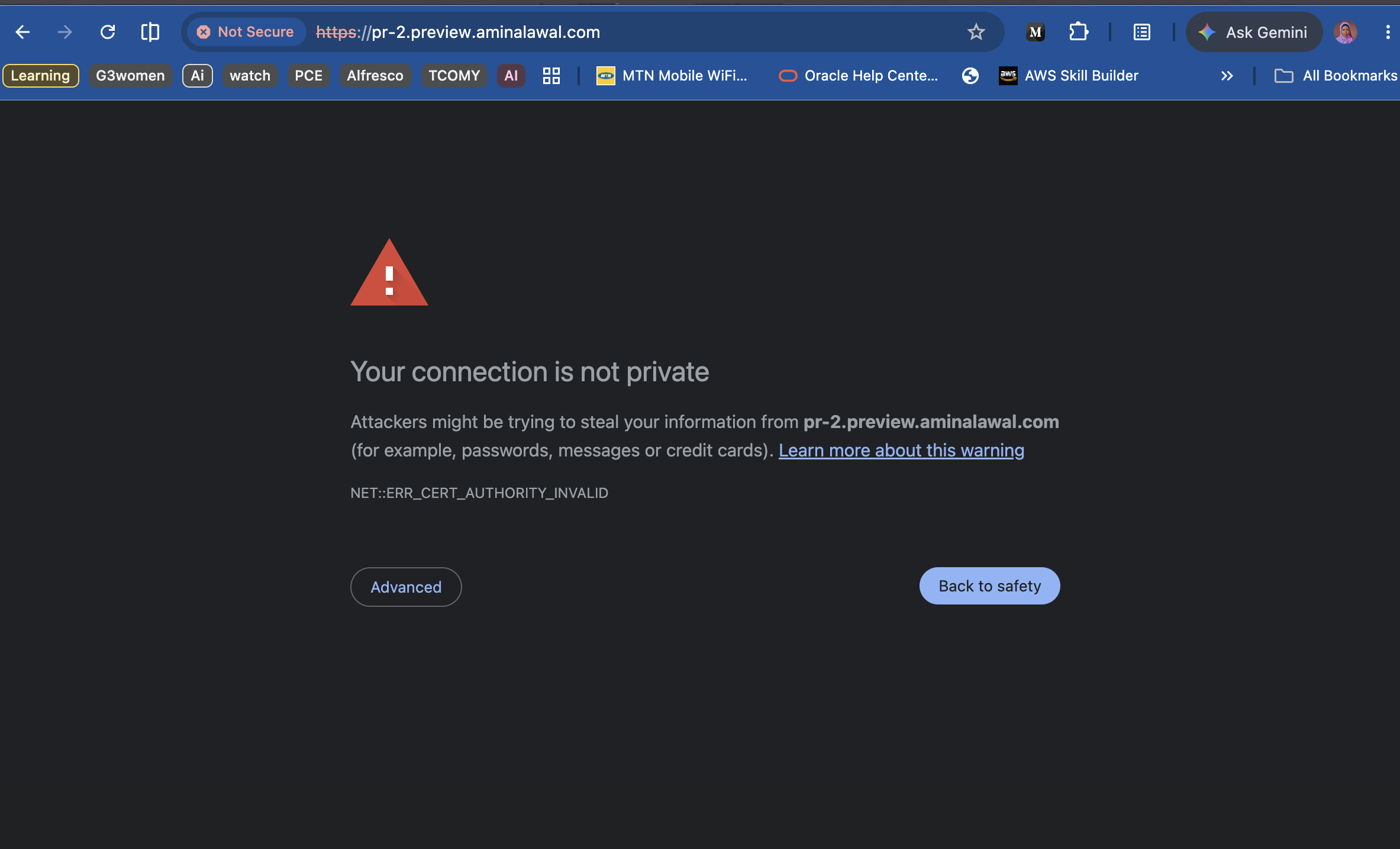 Browser security warning for the preview environment URL, showing the certificate was issued by Let's Encrypt Staging rather than a trusted authority