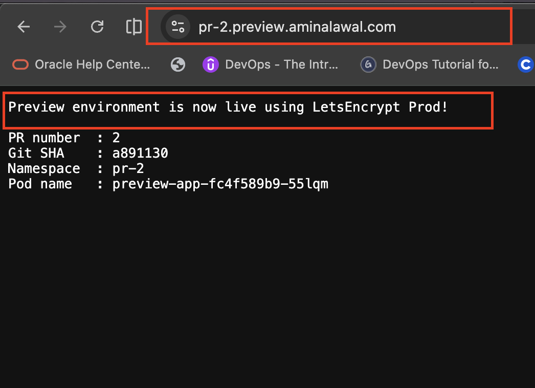 The preview environment loading over HTTPS with a valid certificate