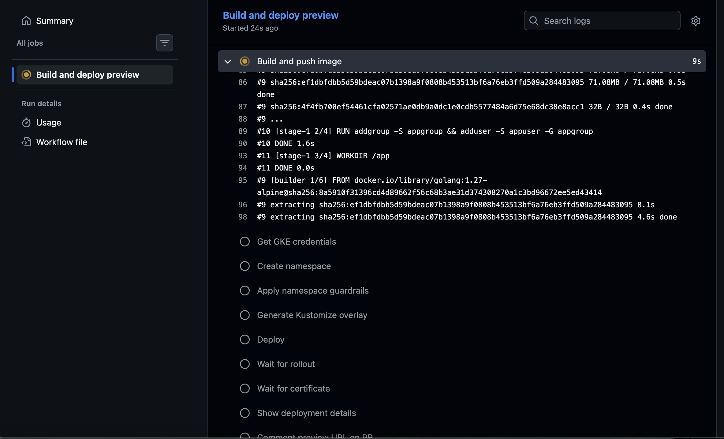 The deploy workflow running with the new certificate and comment step