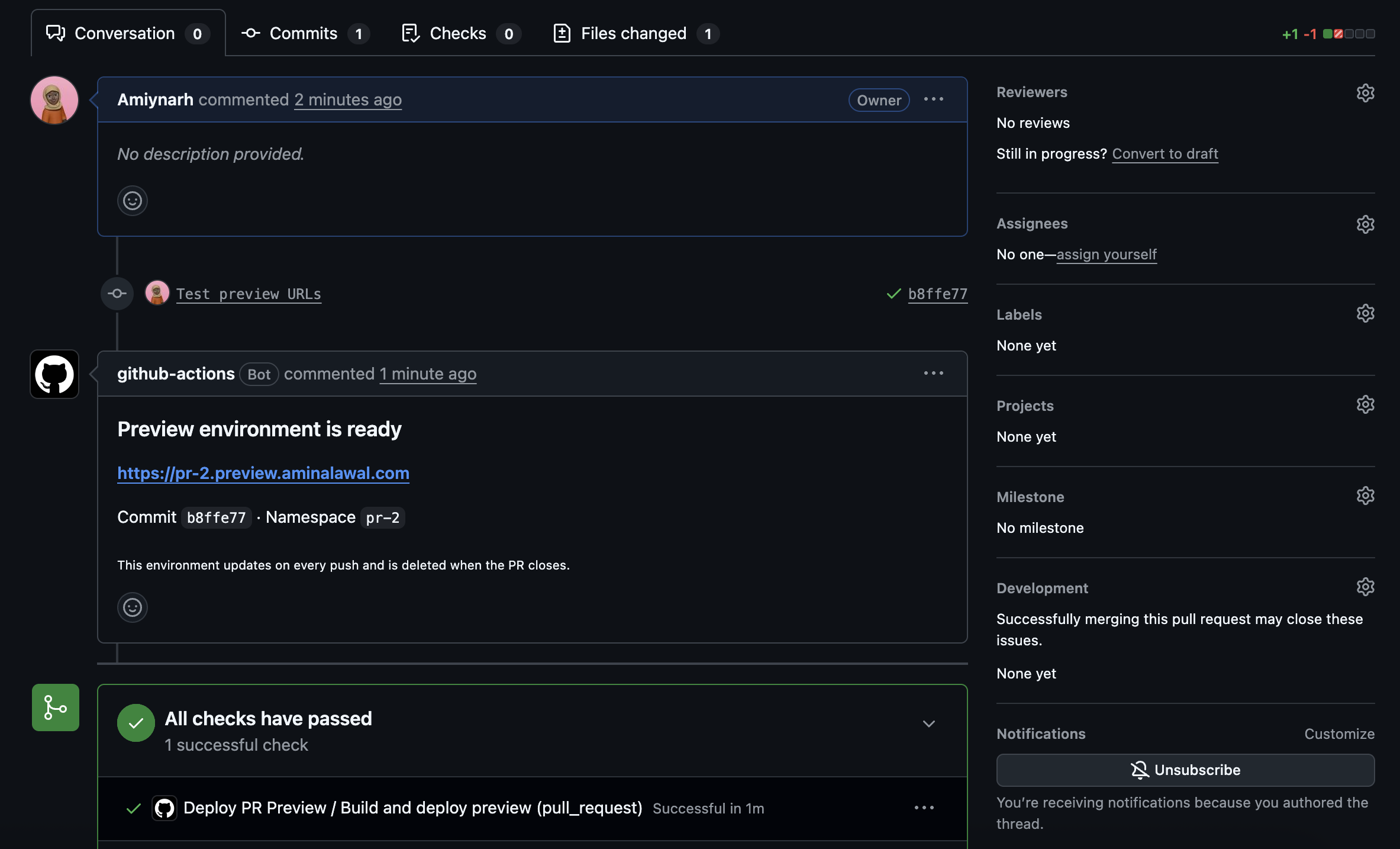 The bot comment showing the new URL