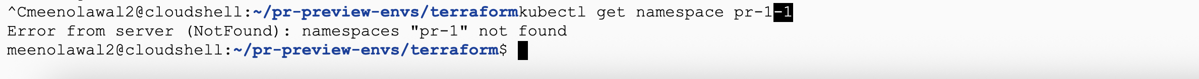 Terminal output showing kubectl get namespace returning "namespaces pr-1 not found"