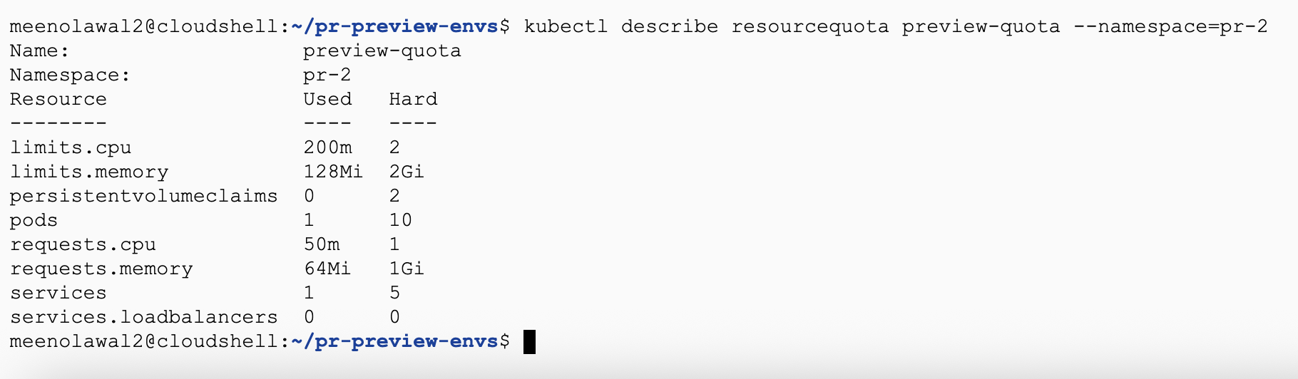 Output of kubectl describe resourcequota showing the preview-quota in namespace pr-1 with used and hard limits listed for CPU, memory, pods, services, and load balancers