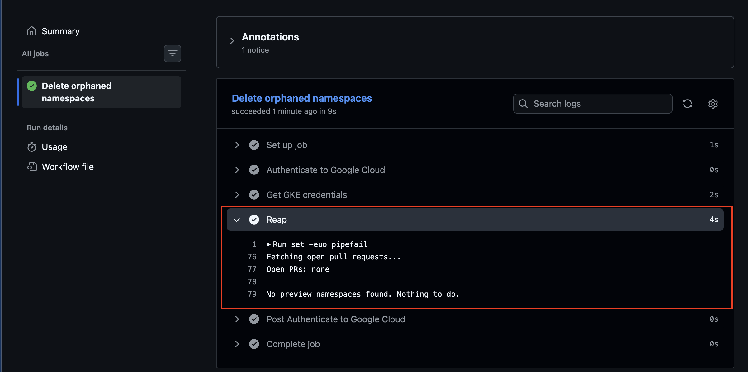 GitHub Actions log for the reaper showing it found no preview namespaces to act on, having ignored the unlabelled pr-9999 namespace entirely