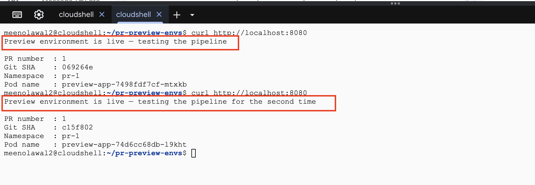 Terminal output from curl showing the updated greeting text and new commit SHA after the second push, confirming the environment redeployed in place