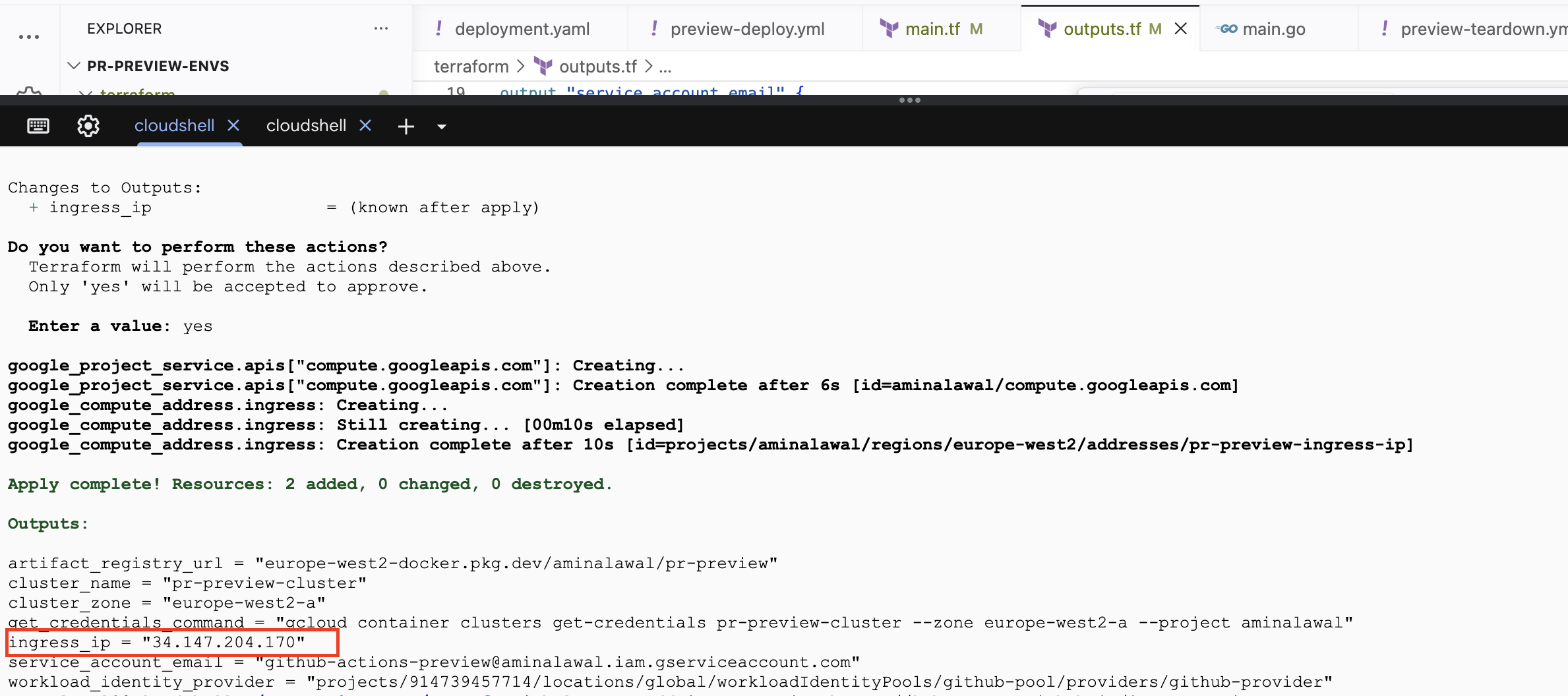 terraform output ingress_ip showing the reserved address