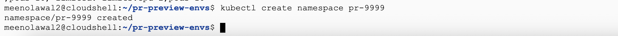 Terminal showing kubectl create namespace pr-9999, creating a namespace without the pr-preview management label