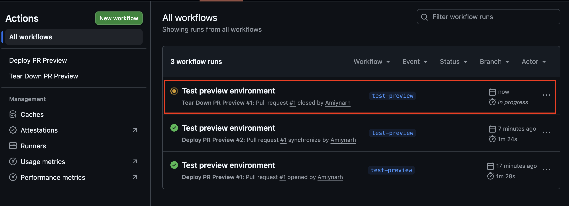 GitHub Actions teardown workflow triggered and in progress