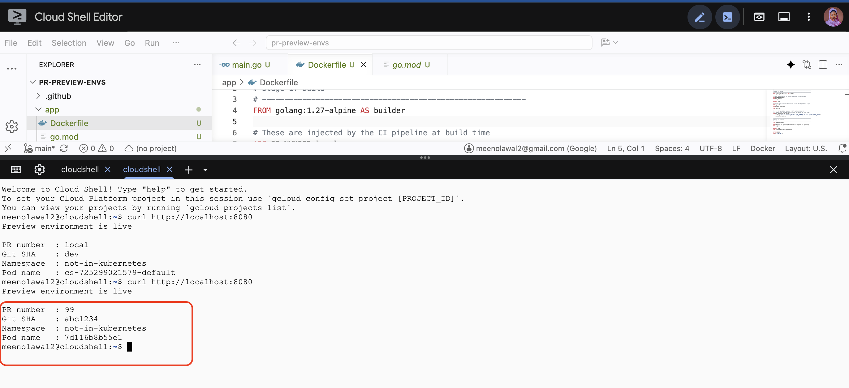 Terminal output from curl showing the application reporting PR number 99 and Git SHA abc1234, injected at build time by the Docker build arguments