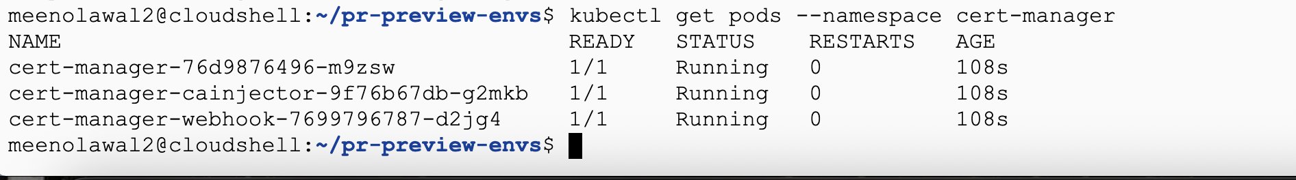Output of kubectl get pods showing the cert-manager controller, webhook, and cainjector pods running