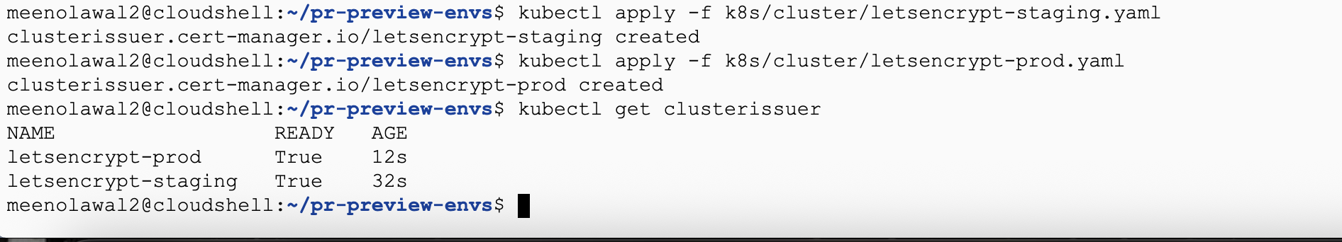 Output of kubectl get clusterissuer showing both letsencrypt-staging and letsencrypt-prod with READY status True