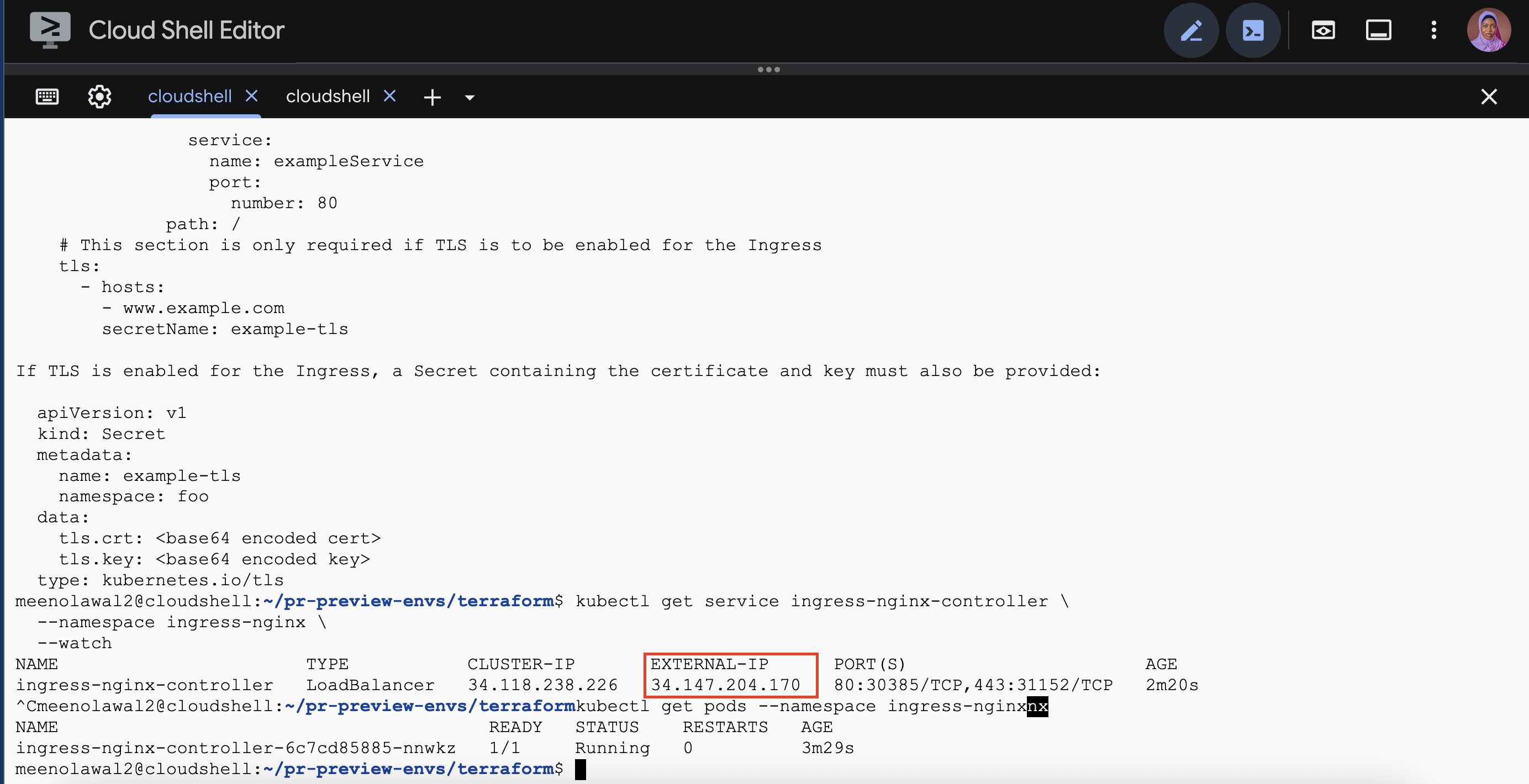 Output of kubectl get service and kubectl get pods showing the ingress-nginx controller running with the reserved static external IP assigned