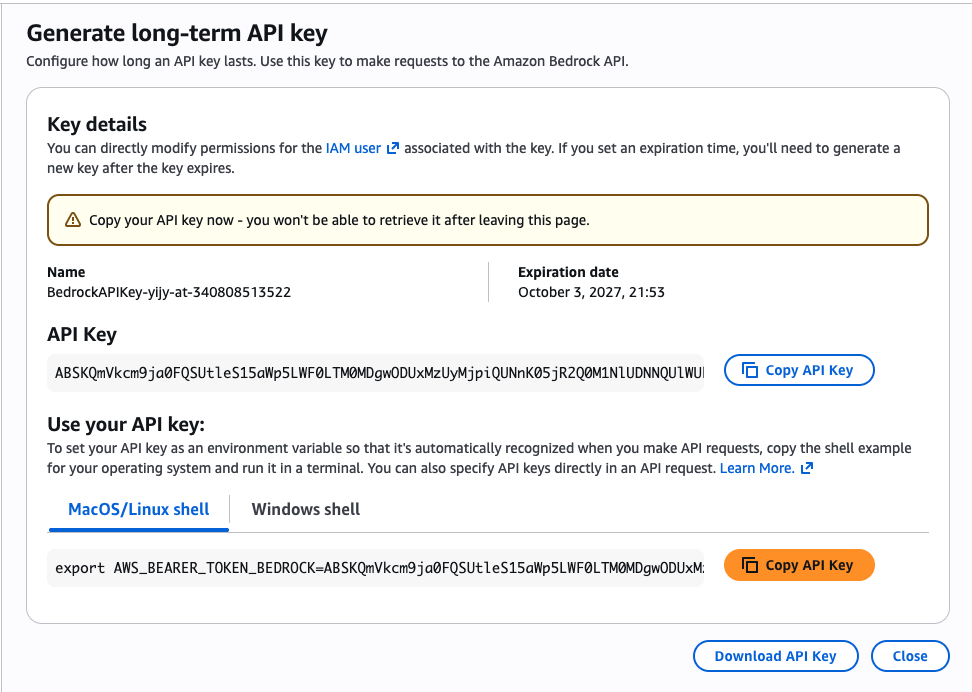 API key confirmation page — copy the key now, it is shown only once