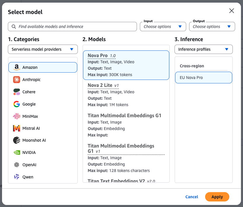 Selecting the Nova models to include in the inference profile