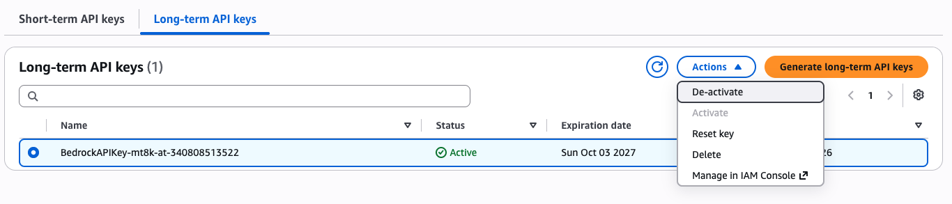 Disabling the API key in the Amazon Bedrock console