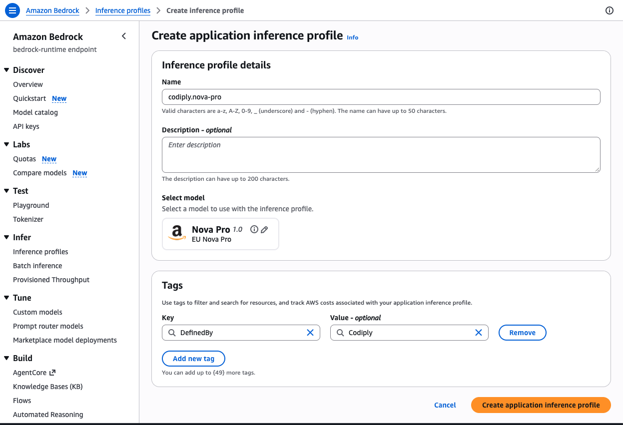 Creating an Amazon Bedrock application inference profile in the AWS console