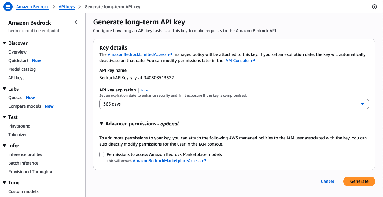 Generating a long-term API key in the Amazon Bedrock console