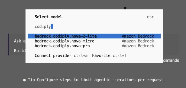 The model picker in OpenCode showing the custom Bedrock inference profile models