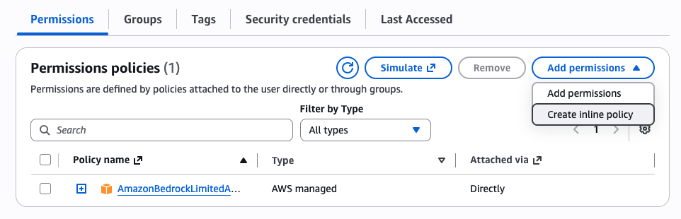 IAM user permissions before applying the custom policy