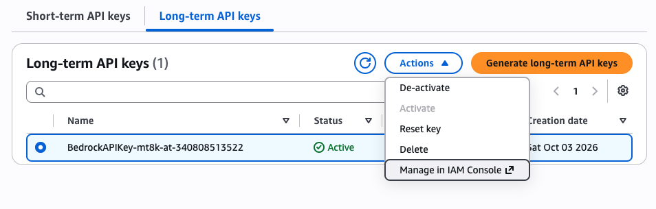 Navigating from the Bedrock API key to its IAM user