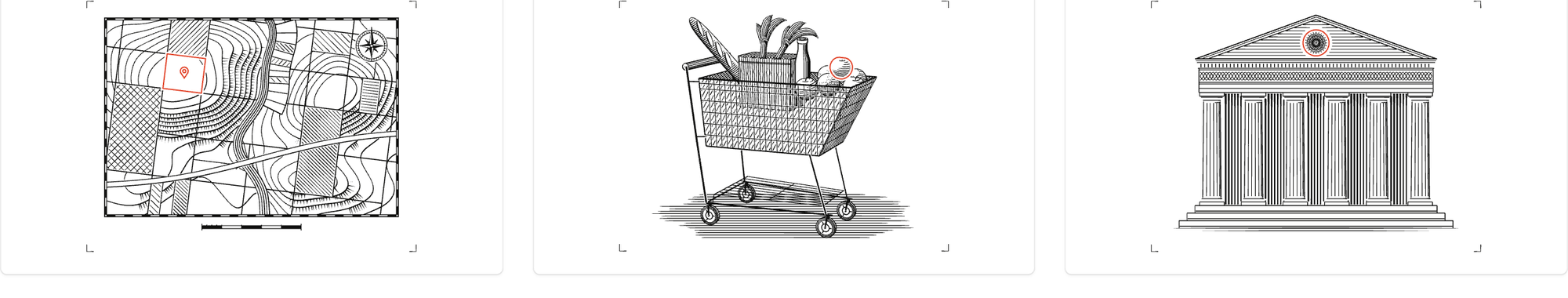 Three generated SVG plates: a survey map with a vermilion marker, a shopping cart and a classical bank facade