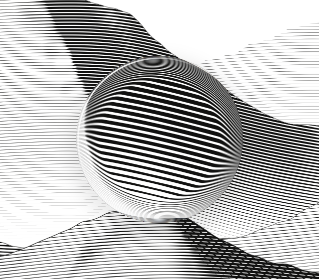 A glass loupe over the engraved mountains, magnifying the lines with a barrel refraction at its edge