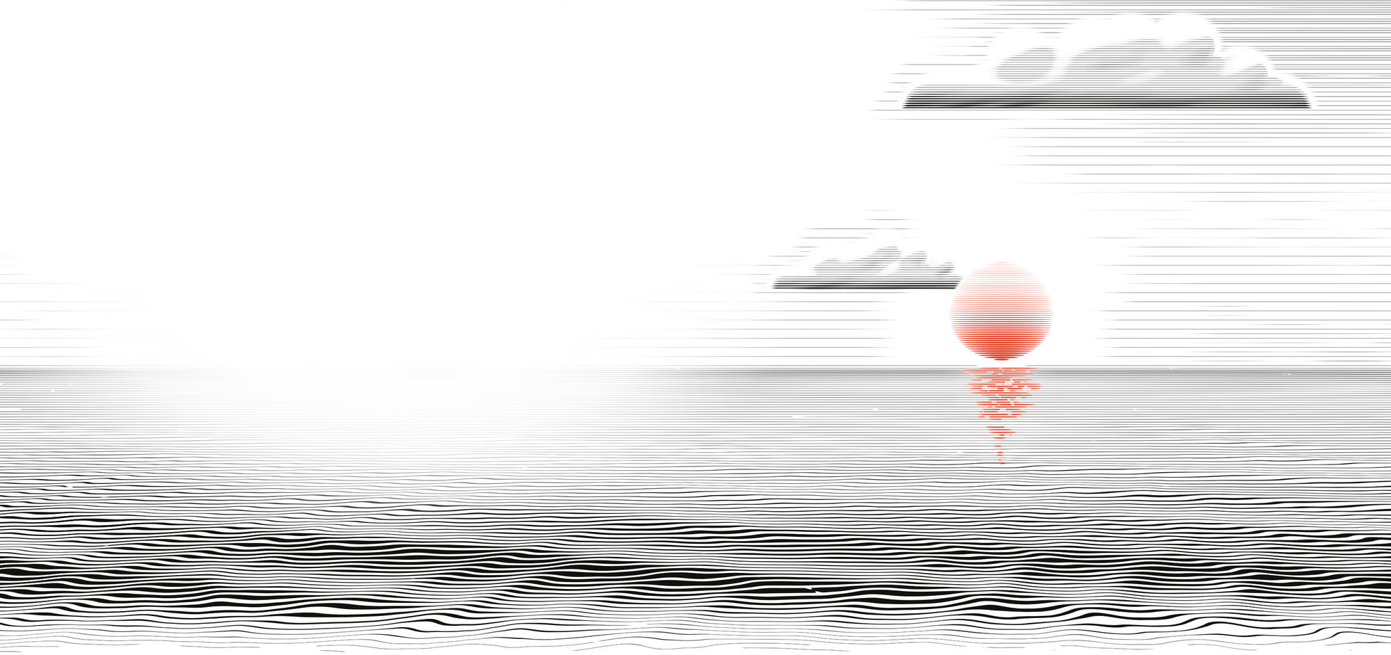 An engraved sea under a vermilion sun, with lines that thicken toward the viewer