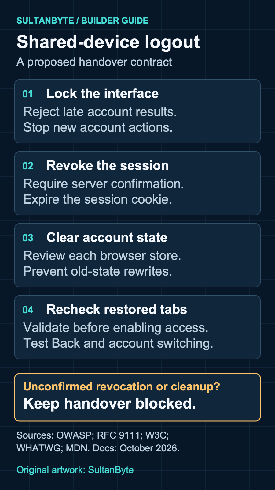 Proposed shared-device logout contract: lock the interface and reject late results, confirm server-session revocation, clear account-bound browser state, and recheck restored tabs before enabling access. If revocation or cleanup is unconfirmed, keep handover blocked.