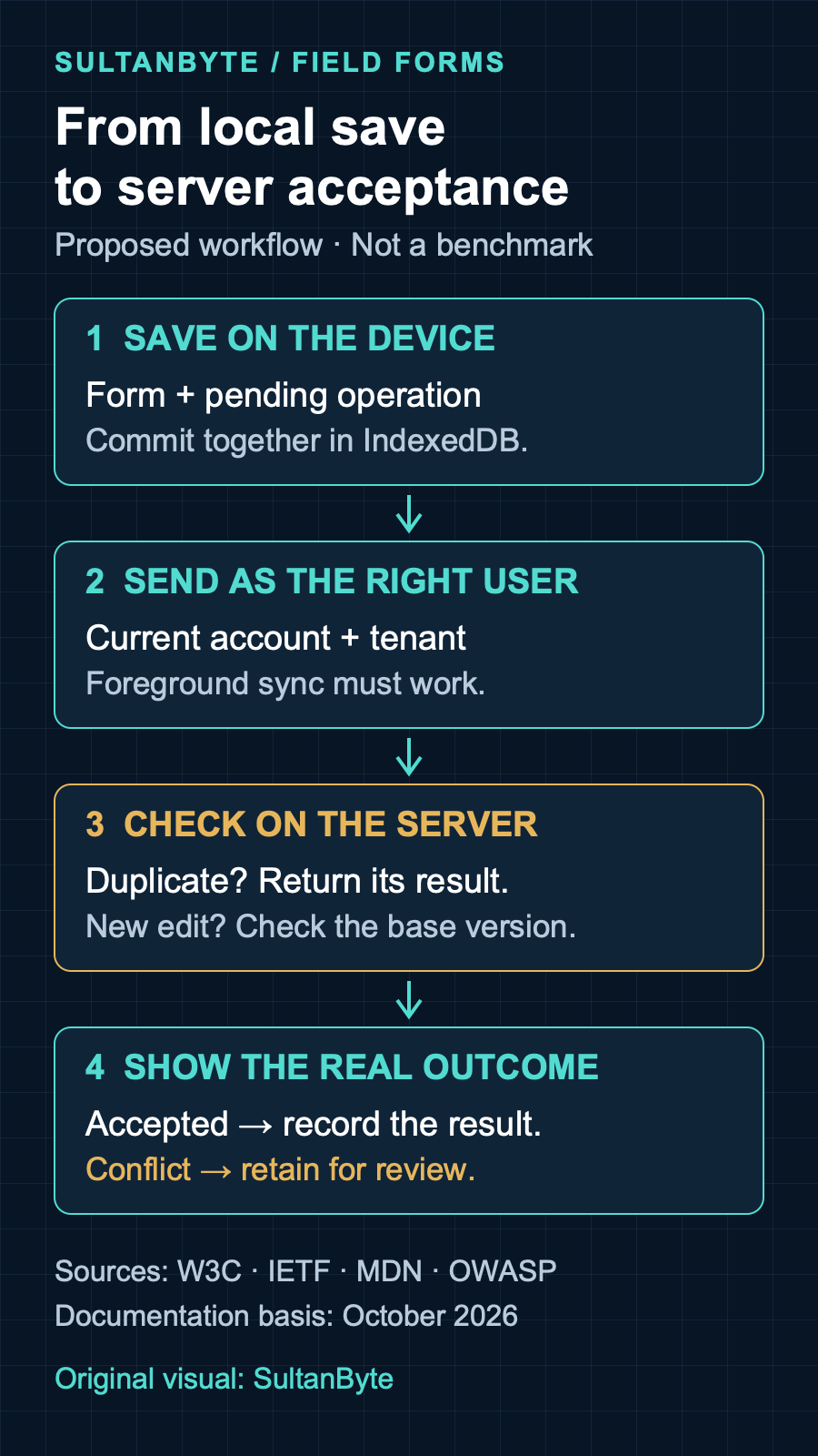 Proposed offline-form workflow: save a local form and operation together, send using current authorization, check duplicates and the base version, then show server acceptance or preserve the change for review.