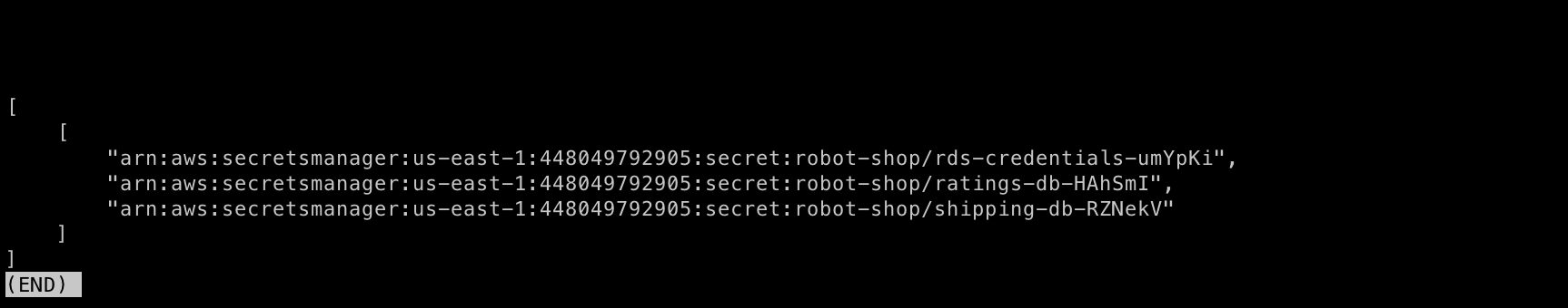Three robot-shop secrets in AWS Secrets Manager, master visually separate from the two app secrets