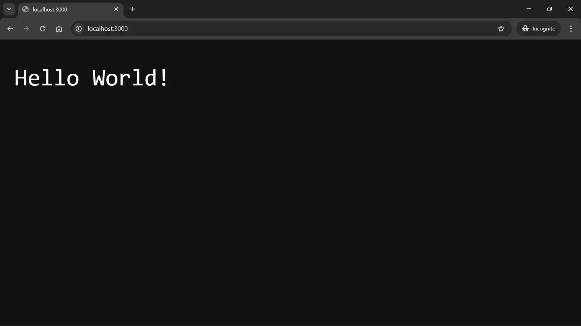 The browser displays the "Hello World!" text at http://localhost:3000/