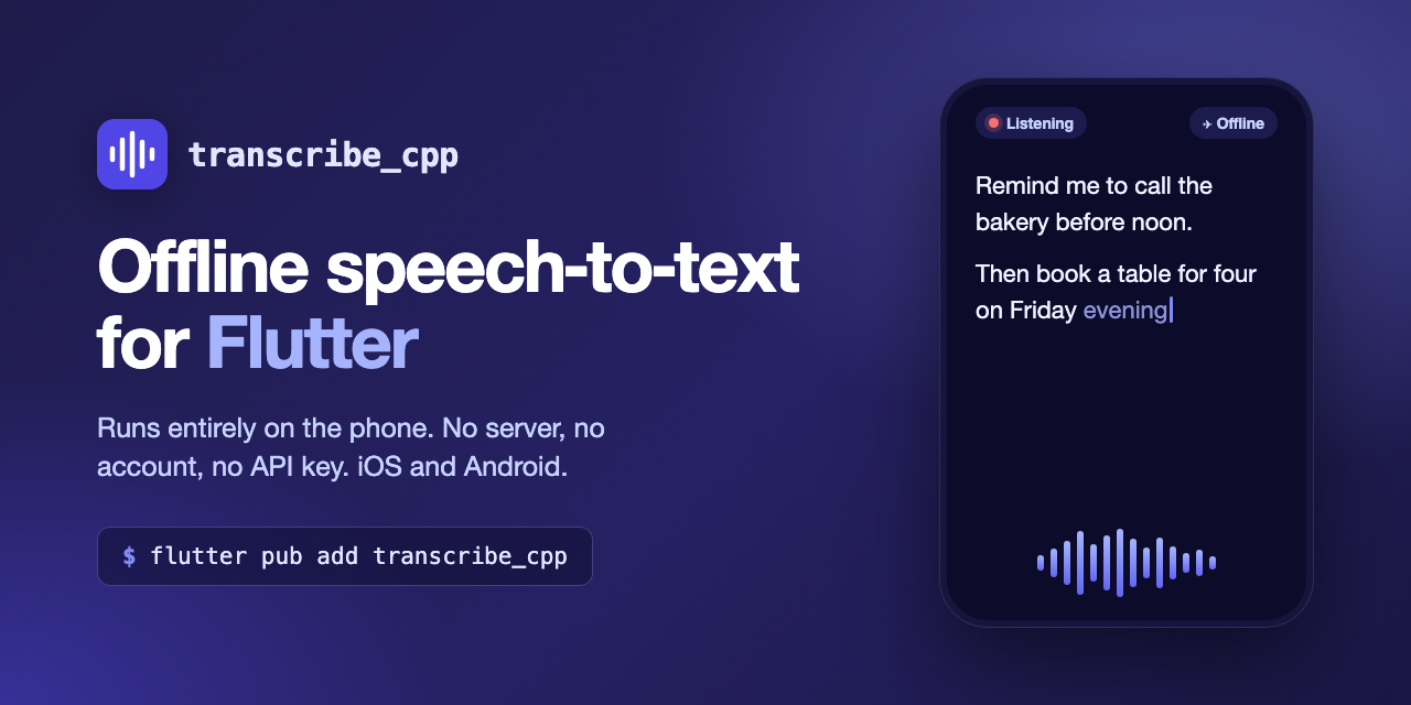 Offline speech-to-text for Flutter, with no server and no API key