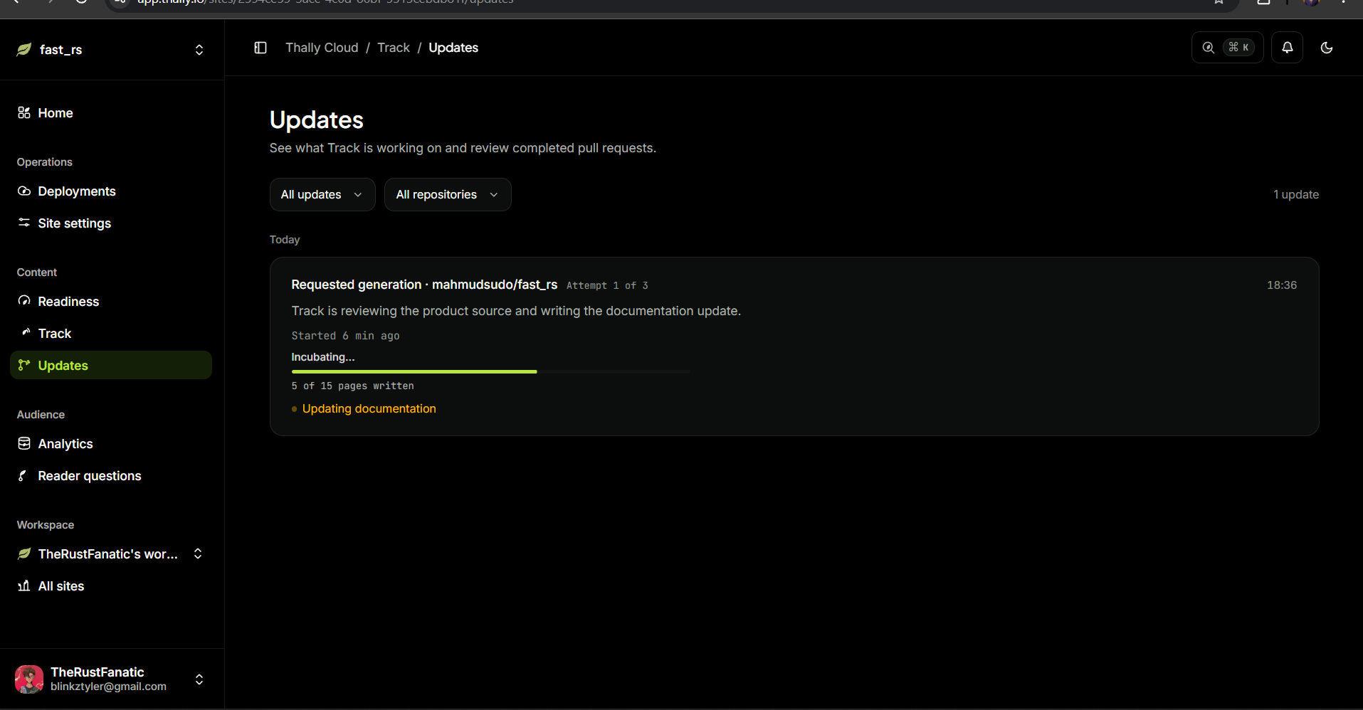 Updates page showing 15 of 15 pages written