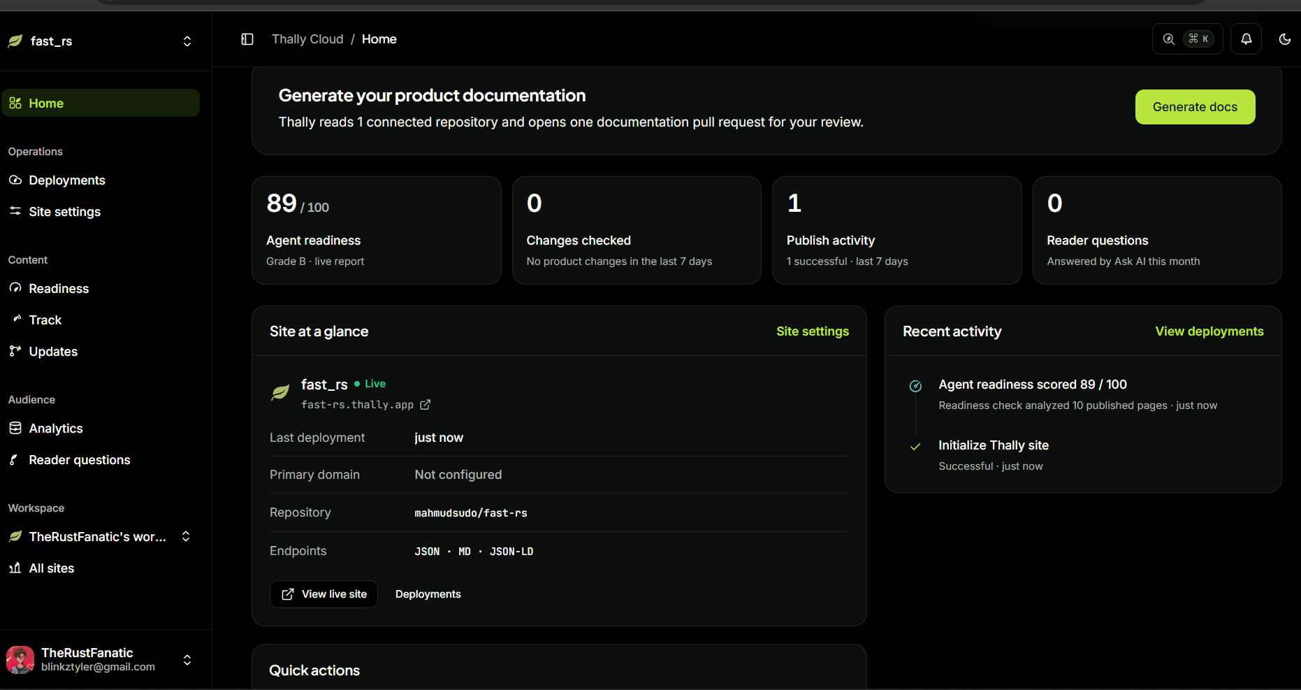 Thally Cloud home for the fast_rs site: Live, repository, endpoints and readiness score