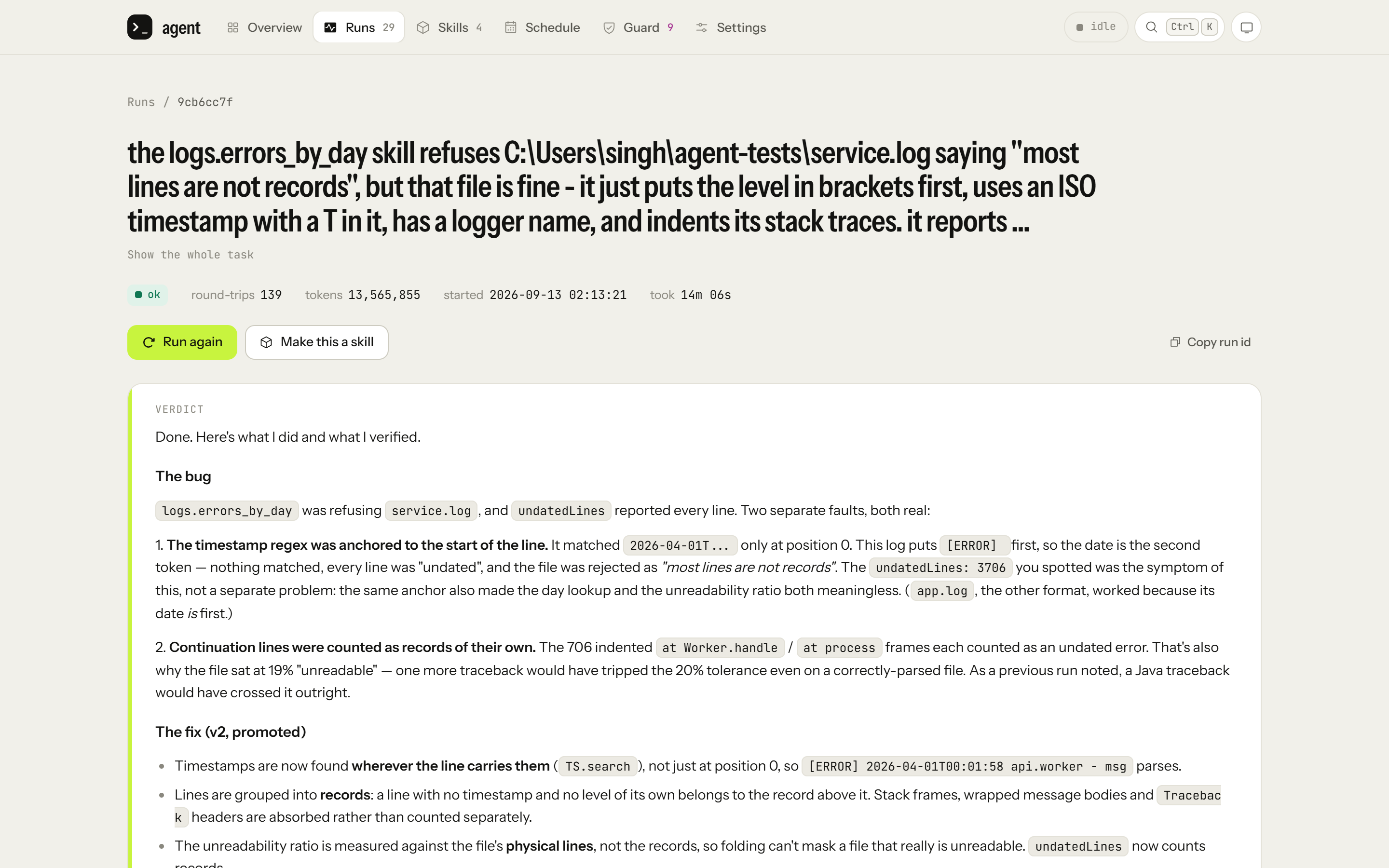 The agent's notes on the fix: the timestamp pattern only matched at the start of each line.