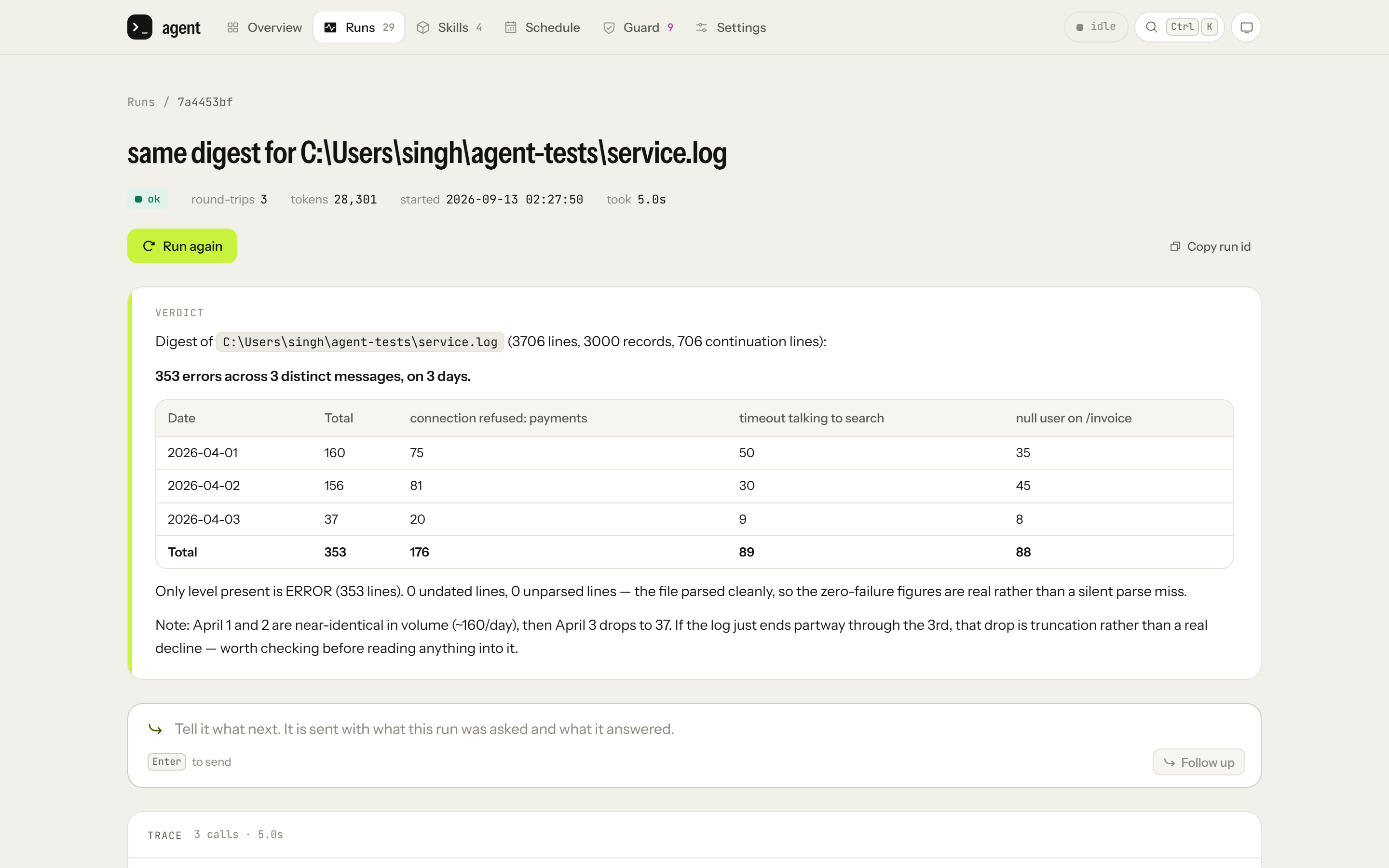 The fixed log skill counting 353 errors over three days. An earlier version reported zero.