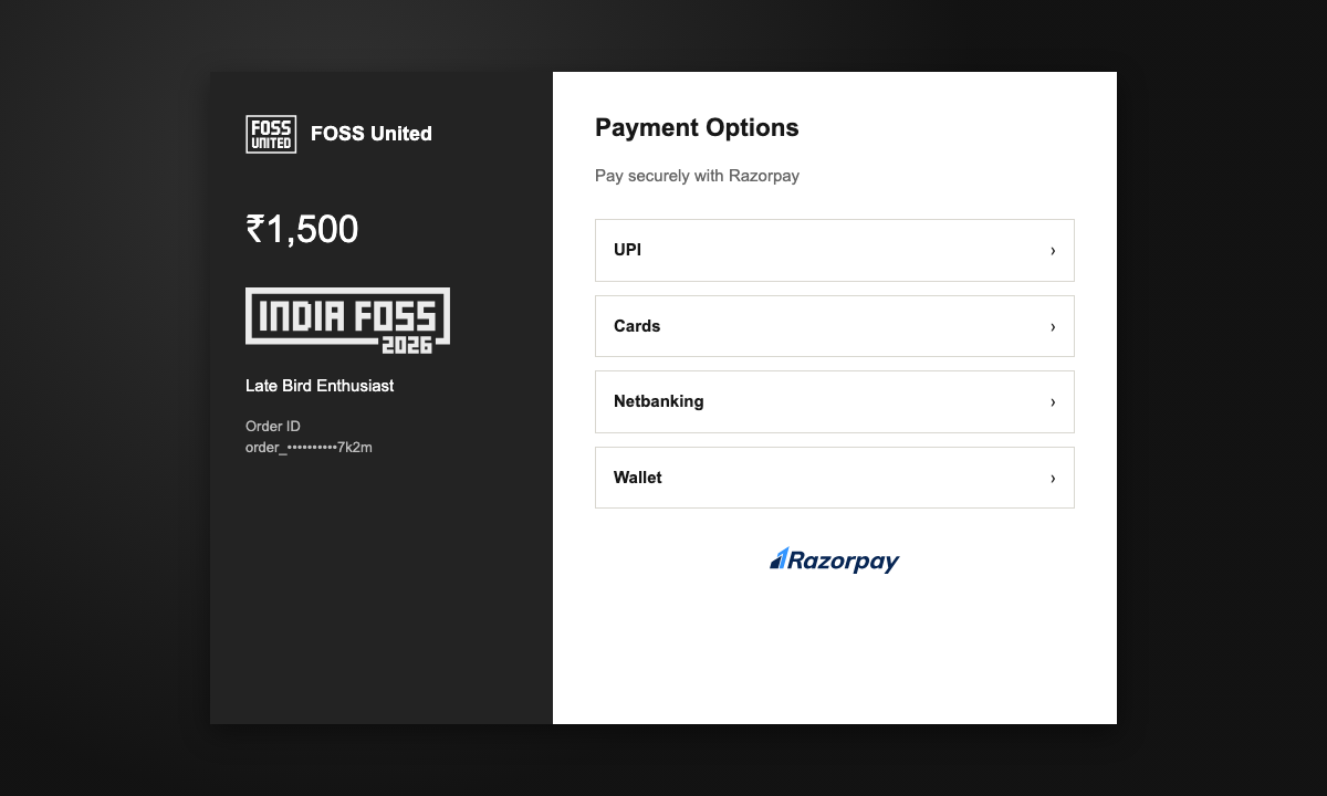 Razorpay Checkout showing FOSS United and a masked order