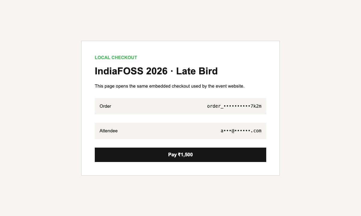 Local checkout page with masked order and email