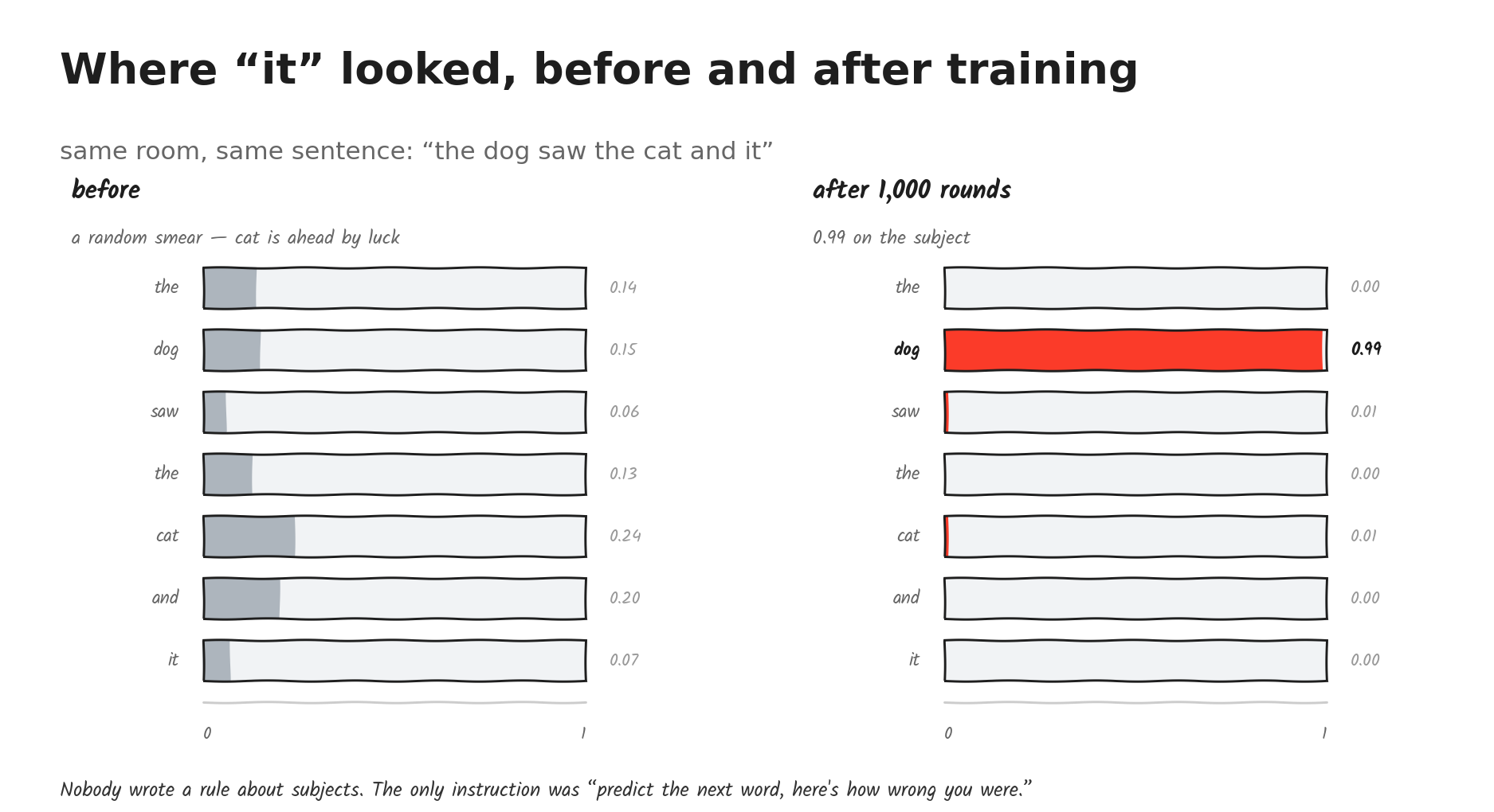 Where "it" looked, before and after training. Random smear becomes a single bar on the subject.