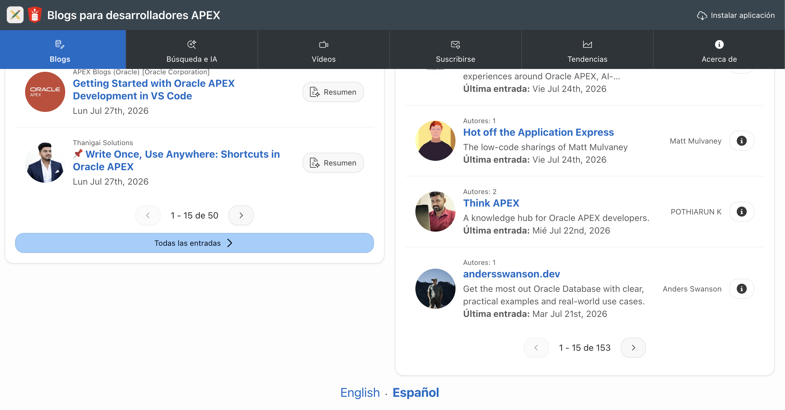 Translated APEX Developer Blogs App